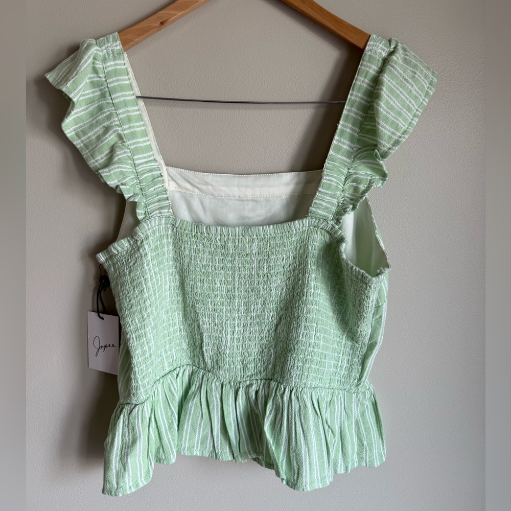 NWT Green Striped Ruffle-Sleeve Top Shirt Cropped Size Large - Picture 5 of 7